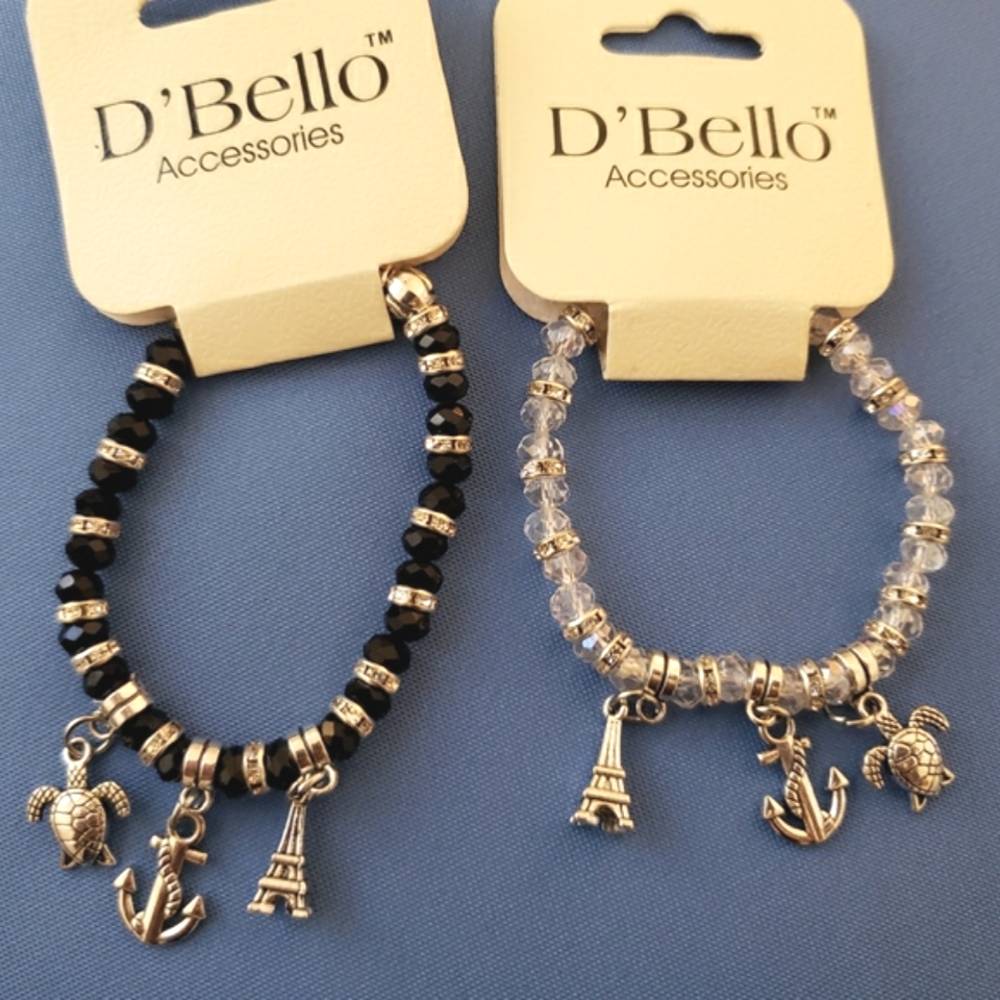 2/$10 Clear and Black Silver Tone Stretchy Bracelets with Charms